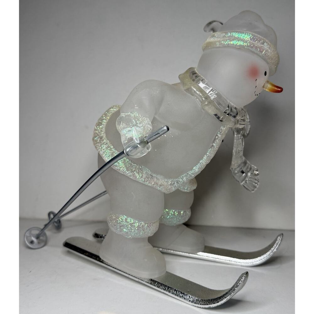 VTG Frosted Snowman On Silver Skis With Ski Poles Christmas Decoration 8.5 x9.5"